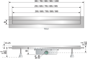 Caniveau douche à l'italienne Ekinox+ KBE090 avec platine d'étanchéité et  relevé mur - inox satiné - grille décalée 13 mm - garde d'eau 30 mm - Dn 50  - L. 900 mm - TECHNEAU