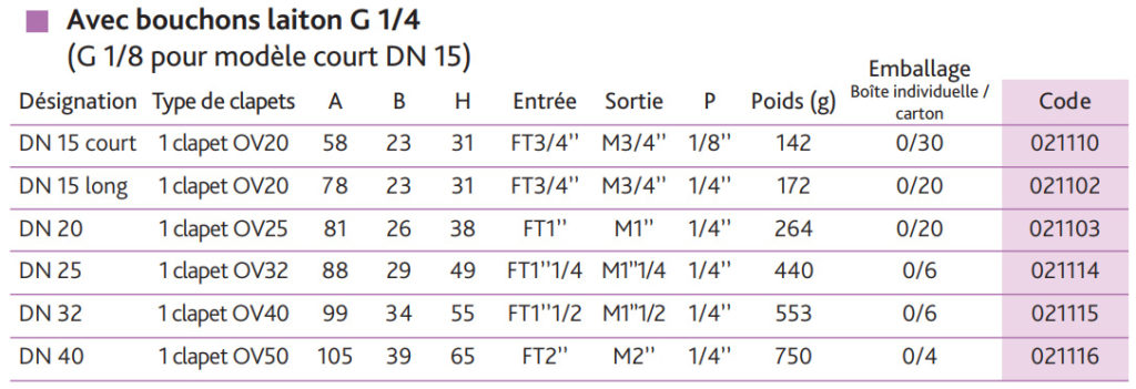 nomenclature des clapets anti-pollution avec bouchons en laitons G 1/4